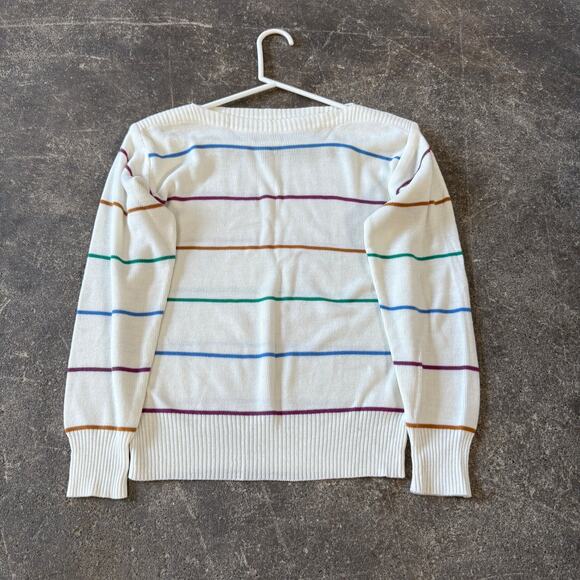Vintage Jason Maxwell Sweater Womens L White Striped Round Neck Knit - Picture 1 of 7